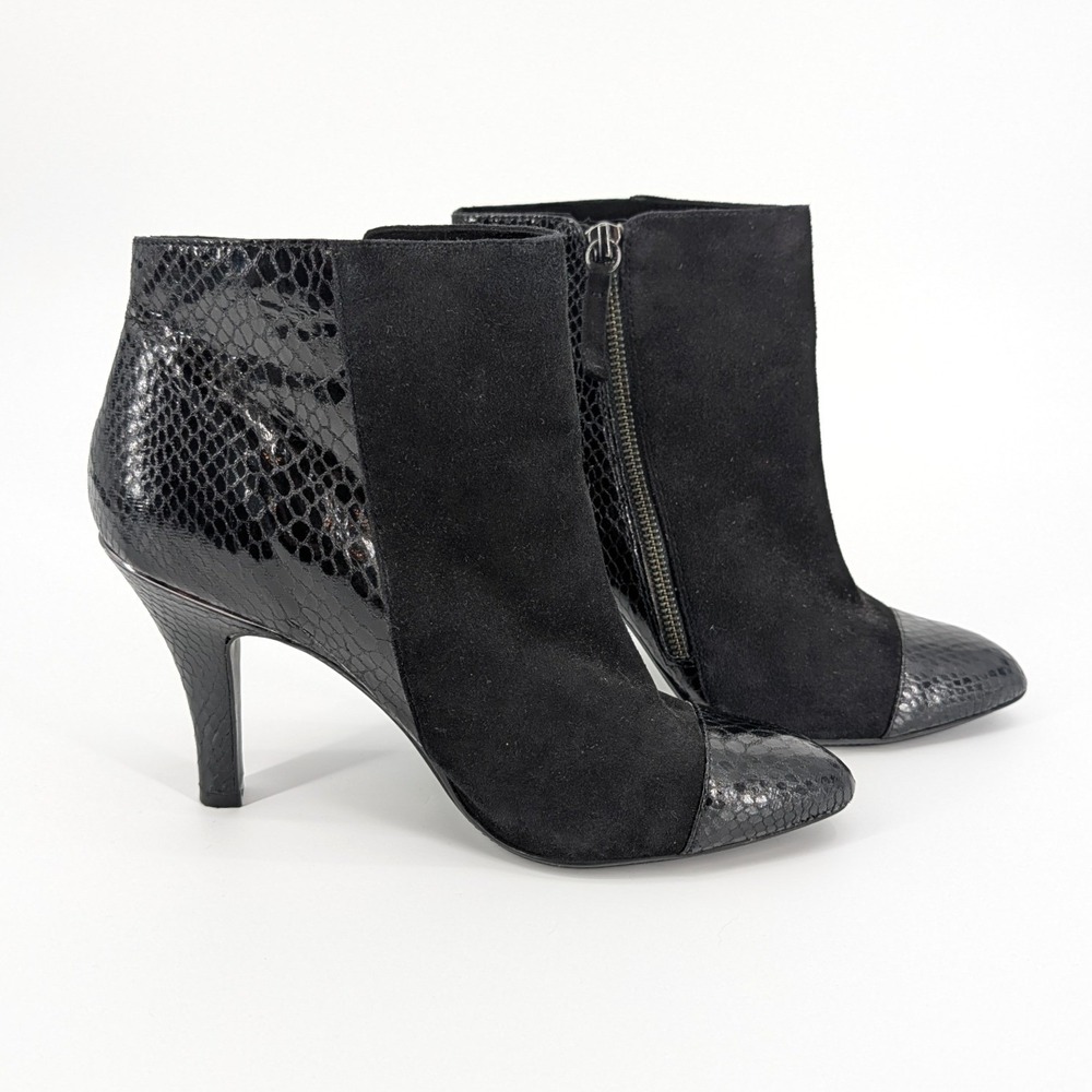Söfft Makayla Ankle Boots Black Suede Snake Embossed Leather Heel Size 10M